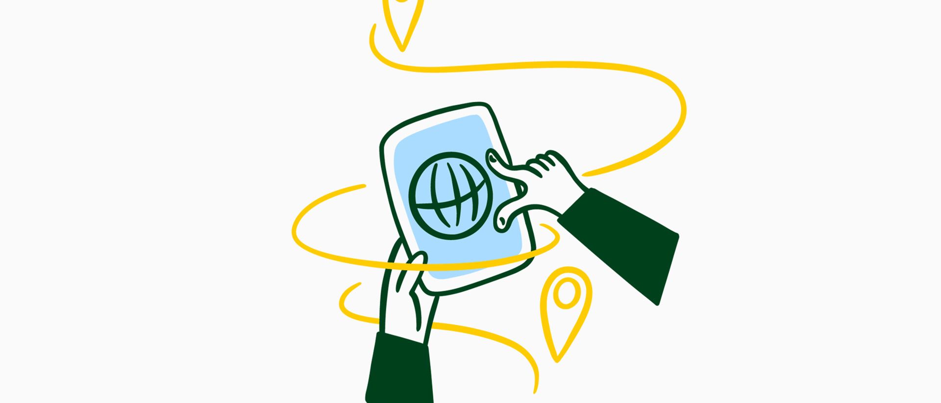 Illustration of two hands holding a tablet with a globe symbol on the screen. Location markers float around the tablet.