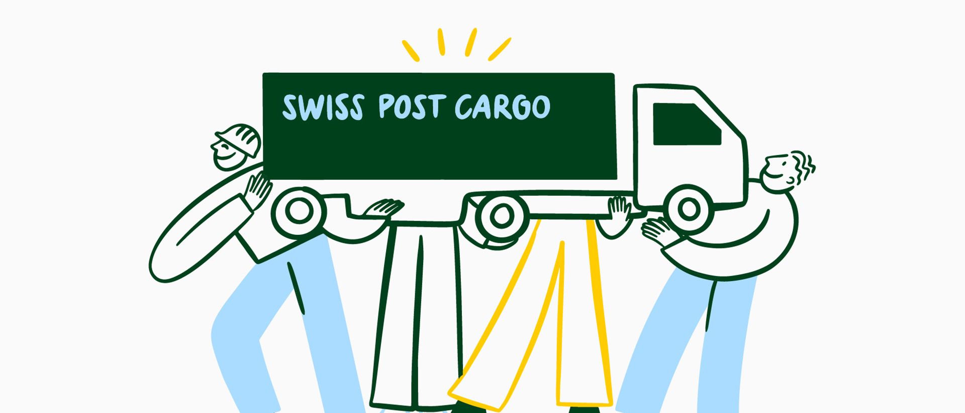 Illustration of three people holding up a truck with the inscription “Swiss Post Cargo”.