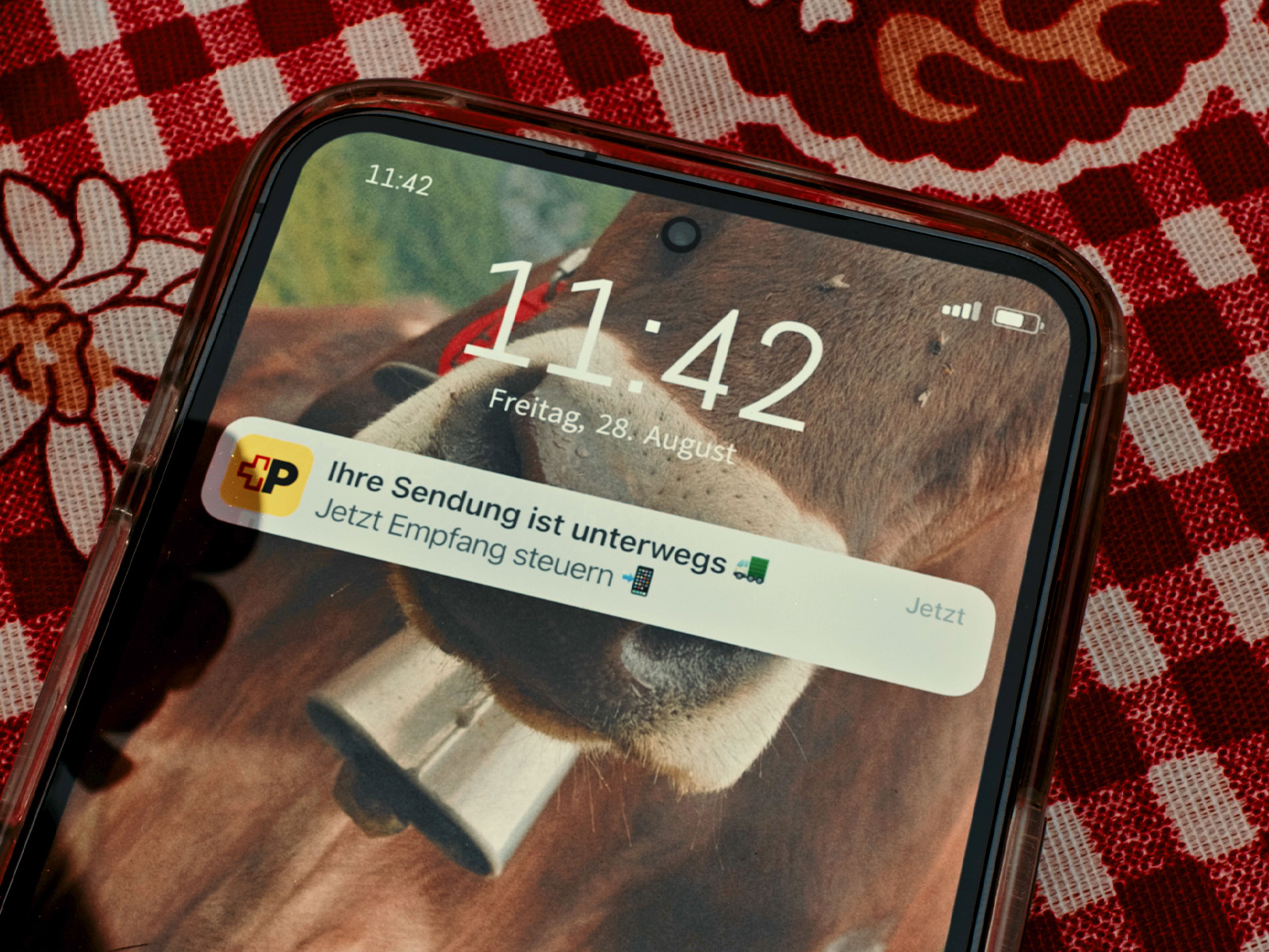In einem Innenraum trägt eine Person einen grossen Umzugskarton in den Armen. In der anderen Hand hält die Person ein Smartphone hoch, dessen Display eine gelbe Benutzeroberfläche mit Symbolen zeigt. Im Vordergrund ist eine weitere Person seitlich erkennbar. Der Hintergrund umfasst Möbel, Kartons und einen Flur.