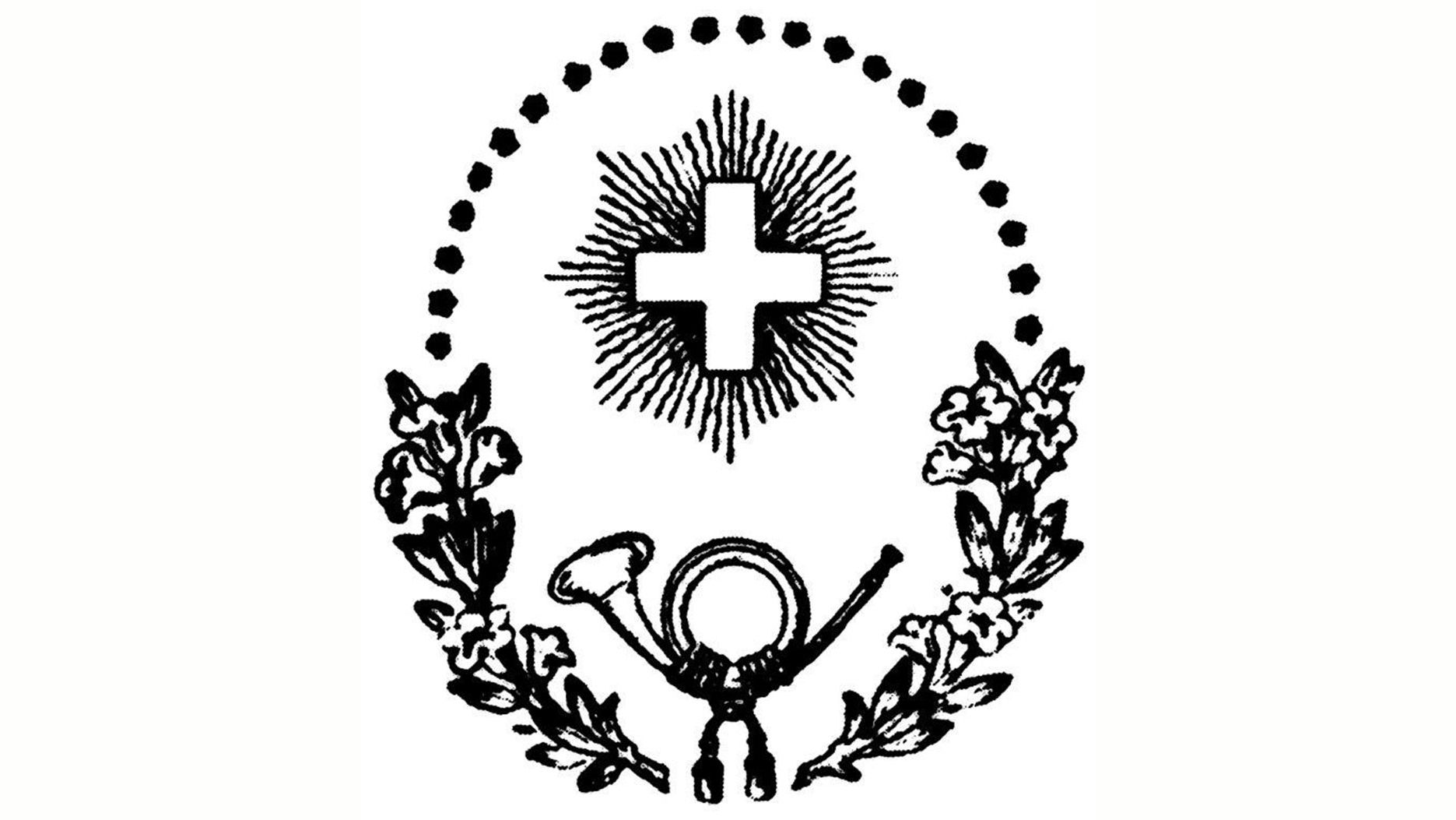 A black‑and‑white emblem features a white cross surrounded by stylized rays. Below it, a postal horn with a cord is shown, flanked by two symmetrical flowering branches. A semicircular arc of dots appears above the central motif.