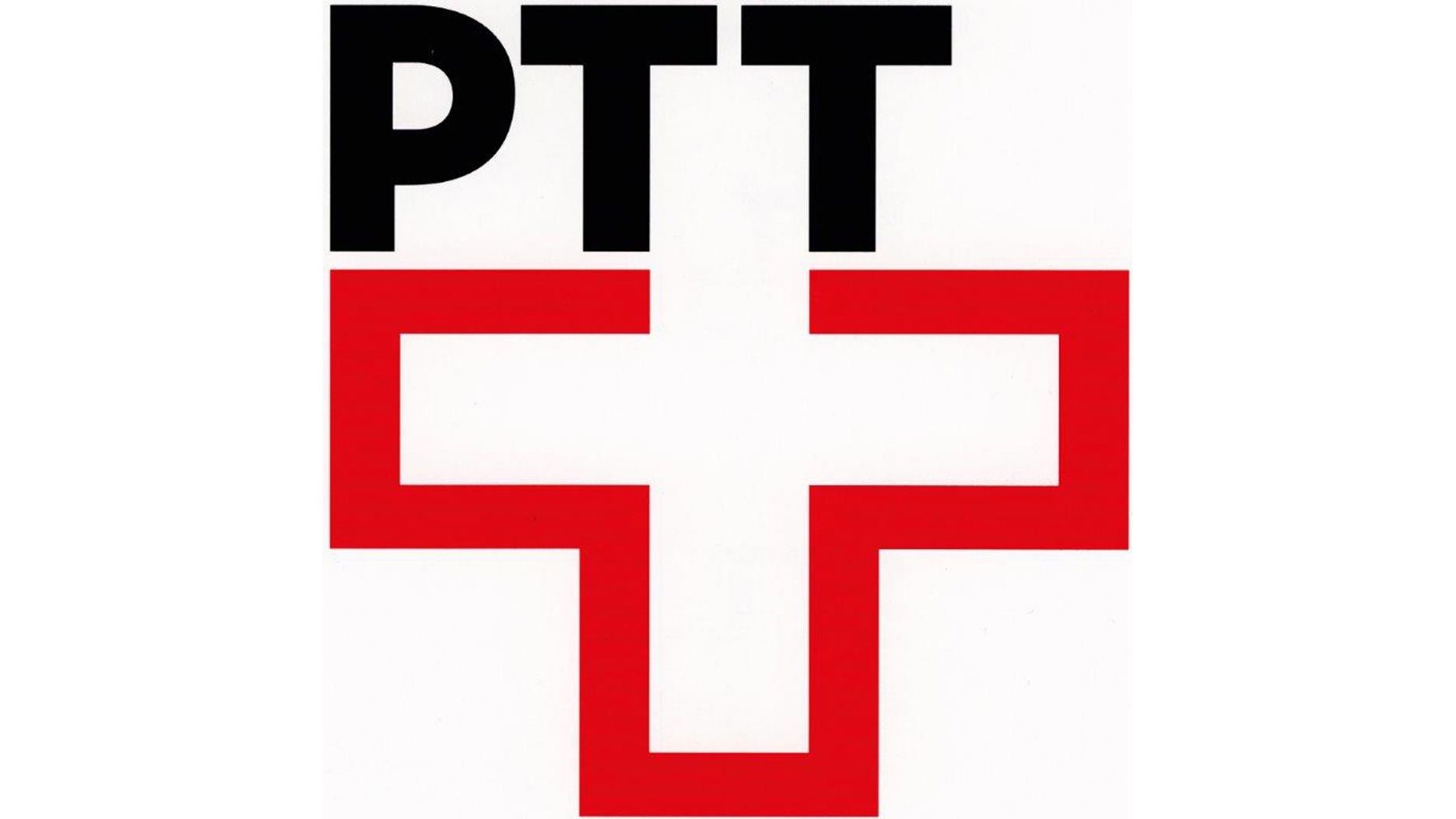 A graphic emblem displays the black letters “PTT” at the top. Below them is a large cross with a thick red outline and a white interior. The shapes are clean, geometric, and placed on a white background.