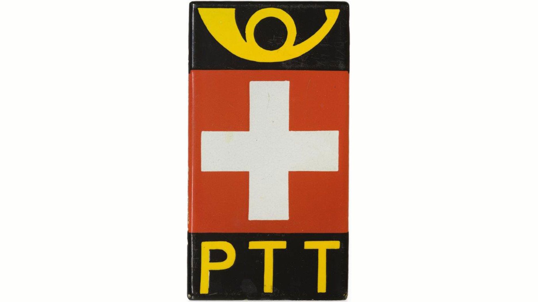 A rectangular emblem features a stylized yellow postal horn at the top on a black background. Below it is a red panel with a white cross. At the bottom, the letters “PTT” appear in yellow on a black background. The design uses clean, simple graphic elements.
