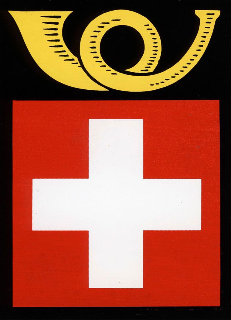 The square PTT coat-of-arms logo with the Swiss cross and post horn. Source: Museum of Communication