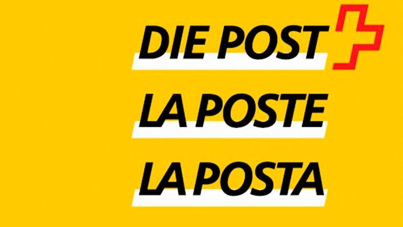 A yellow background displays three black text lines: “DIE POST,” “LA POSTE,” and “LA POSTA,” each with a white underline. To the right of “DIE POST” is a red angular cross symbol.
