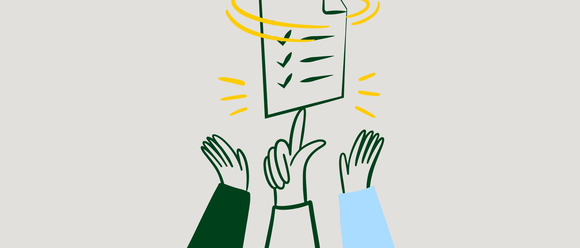 Illustration d'un certificat sur une main en équilibre, avec deux mains levées à côté.