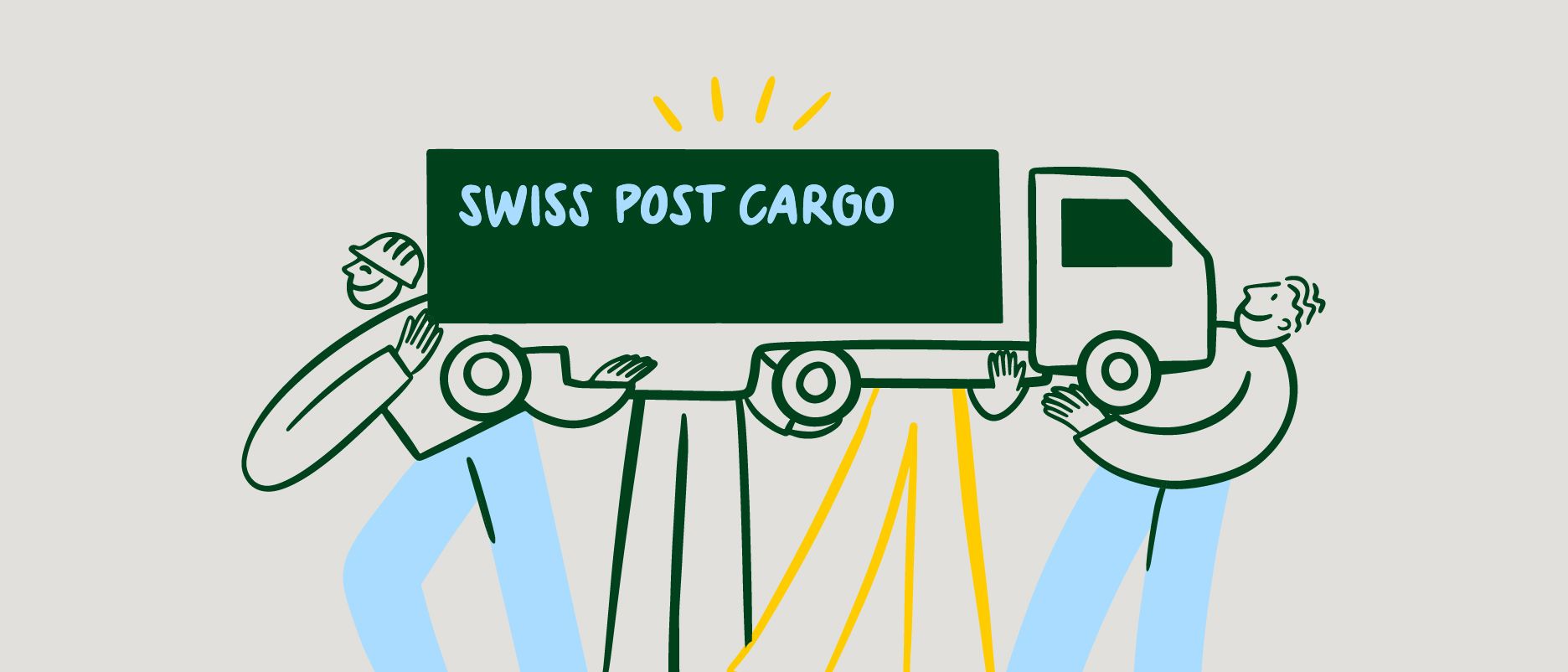 Illustration von drei Personen, die gemeinsam einen LKW mit der Aufschrift «Swiss Post Cargo» hochhalten.