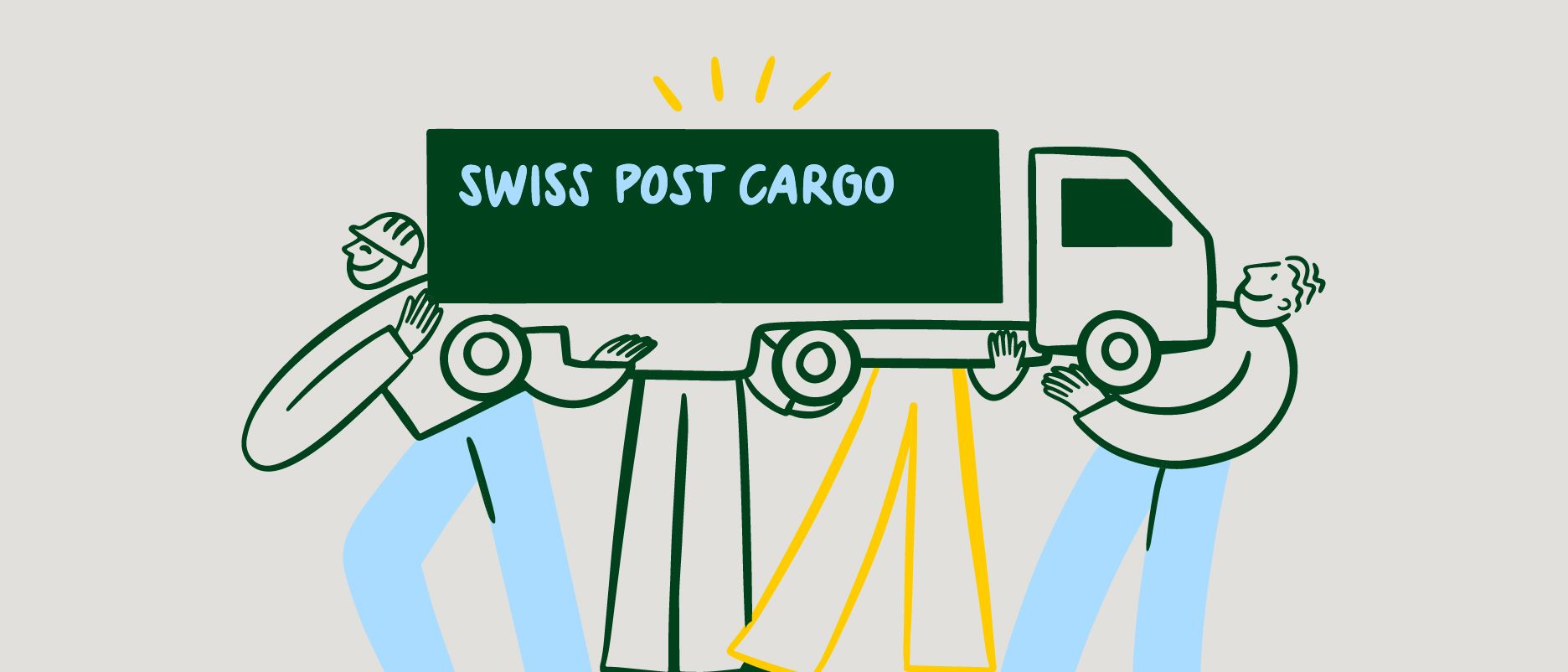 Illustration de trois personnes portant ensemble un camion avec l'inscription «SWiss Post Cargo».