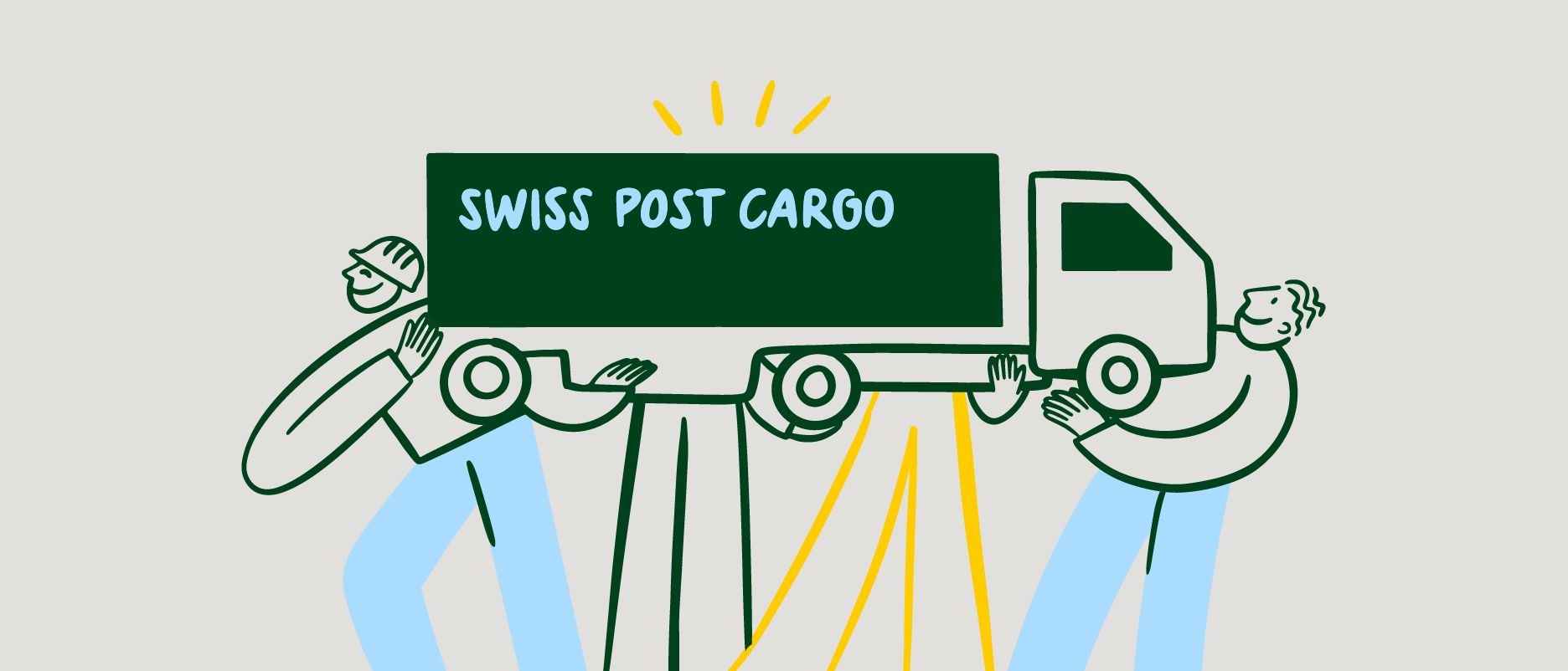 Illustration de trois personnes portant ensemble un camion avec l'inscription «Swiss Post Cargo».
