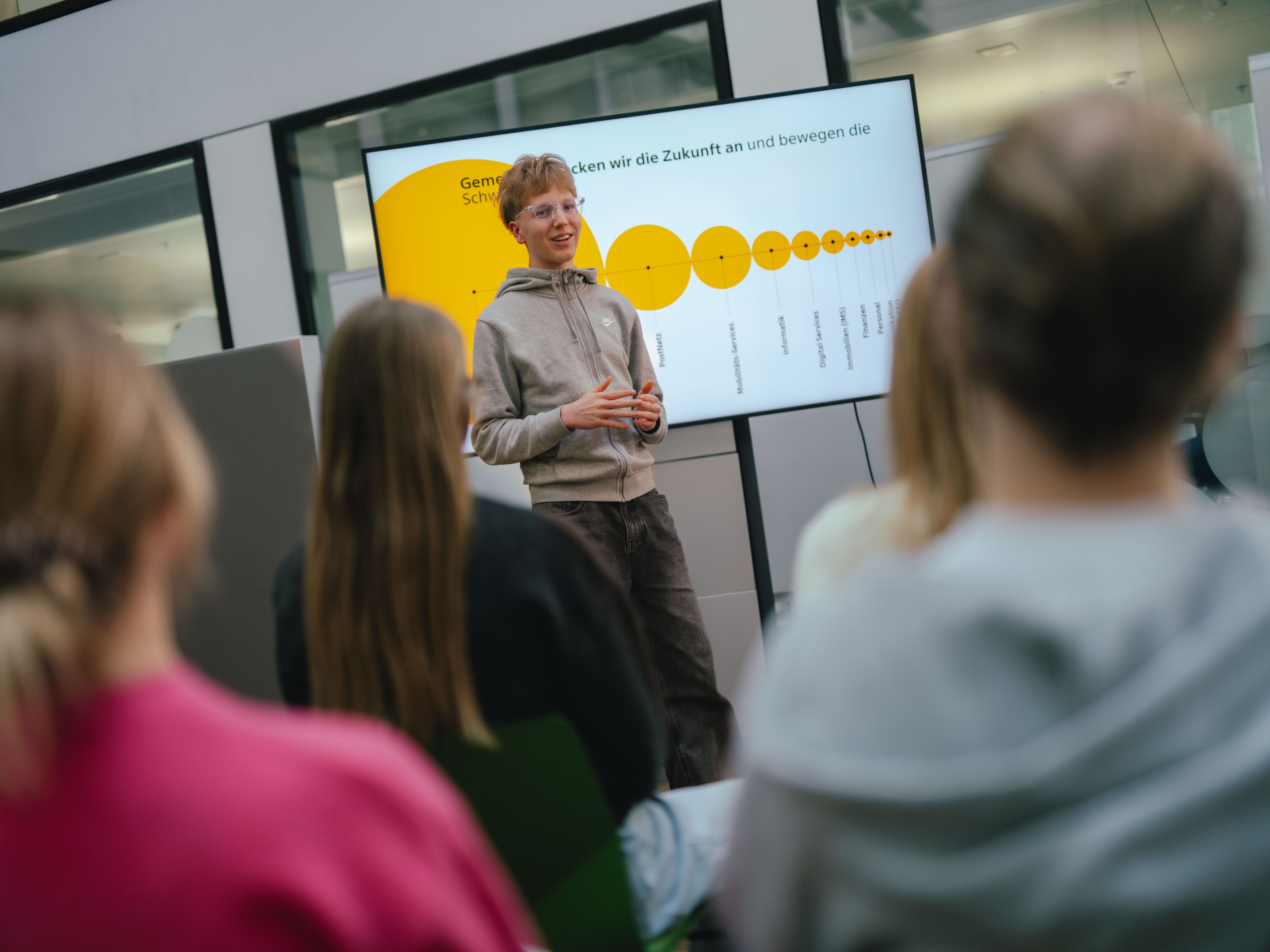 Una persona è in piedi davanti a un grande schermo e tiene le mani davanti al corpo. Sullo schermo è visibile un grafico giallo con cerchi di diverse dimensioni, uniti in una linea. Diverse altre persone siedono davanti alla persona in piedi e guardano la presentazione. L’aula ha l’aspetto di una moderna sala riunioni o un’aula di formazione.