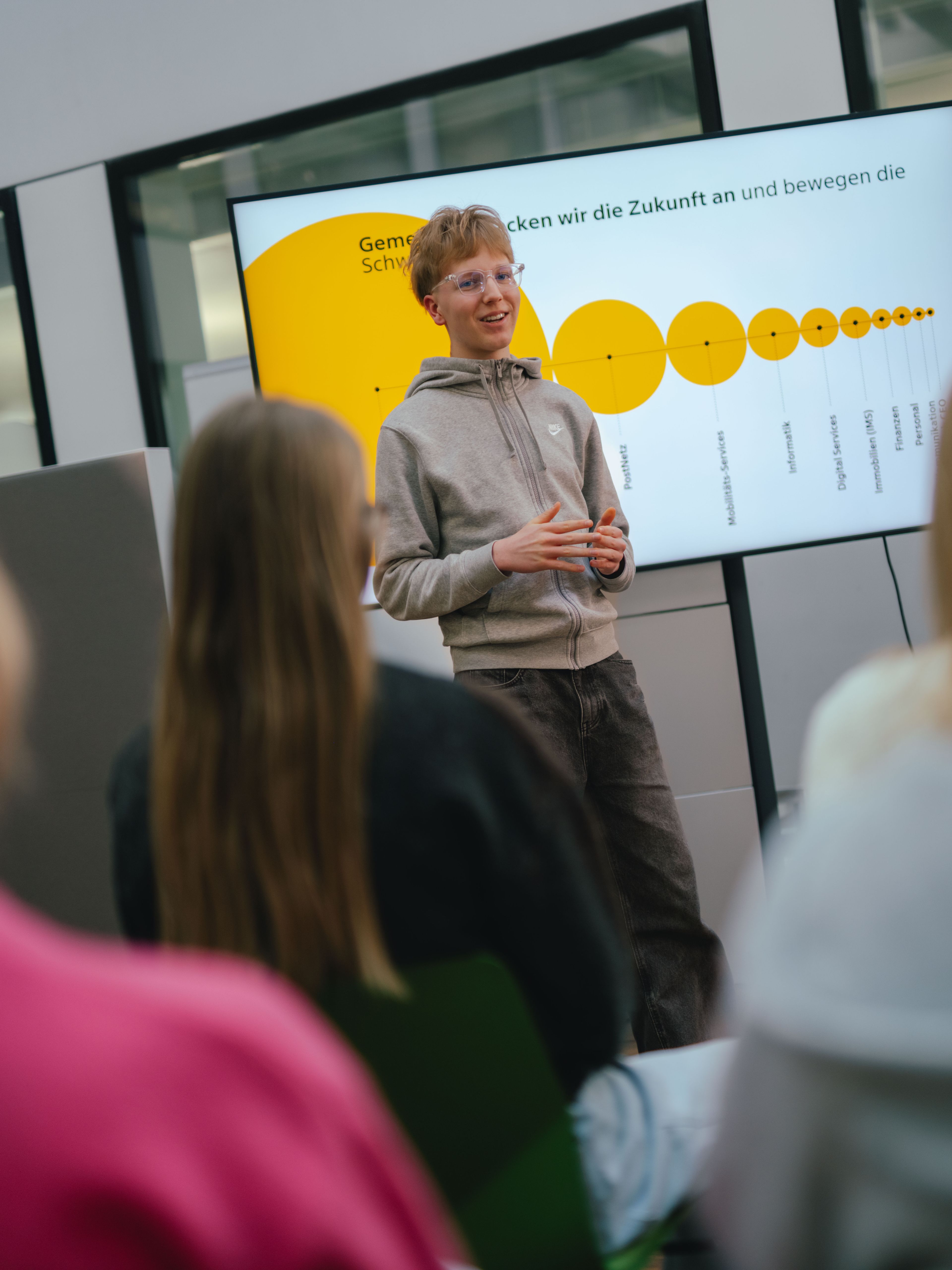 Eine Person steht vor einem grossen Bildschirm und hält die Hände vor dem Körper. Auf dem Bildschirm ist eine gelbe Grafik mit unterschiedlich grossen Kreisen zu sehen, verbunden in einer Linie. Vor der stehenden Person sitzen mehrere weitere Personen und schauen in Richtung Präsentation. Der Raum wirkt wie ein moderner Besprechungs‑ oder Schulungsraum.