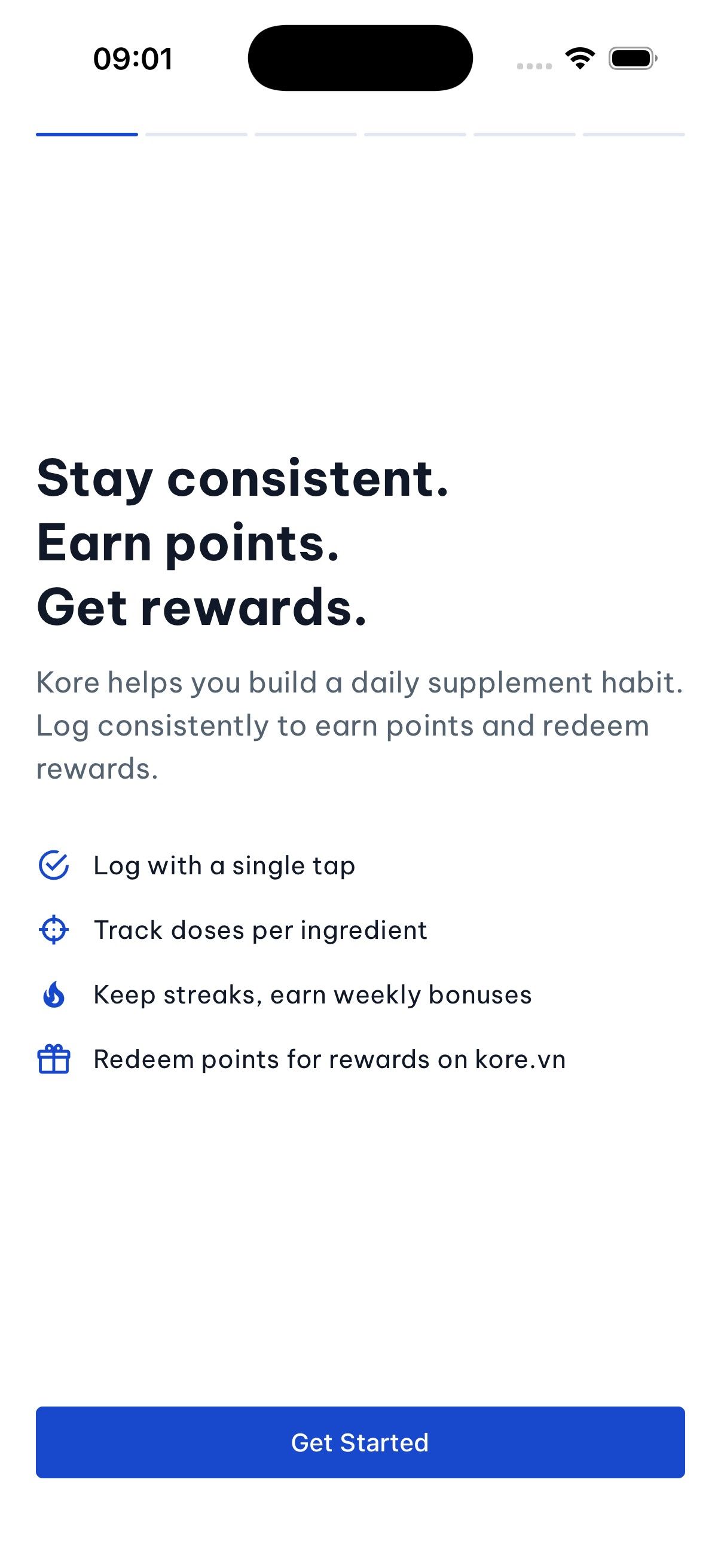 Màn hình giới thiệu ứng dụng KORE