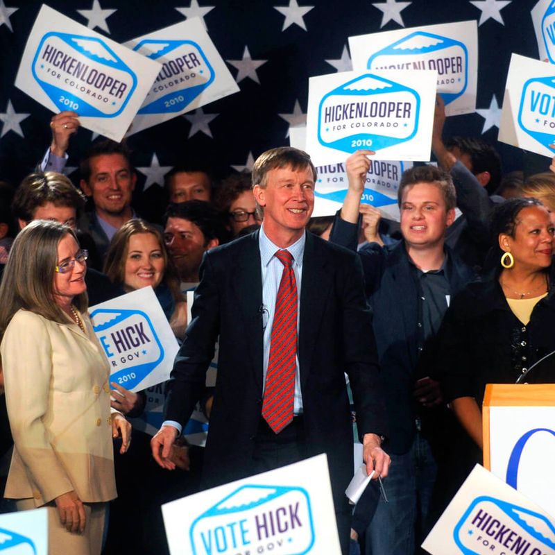 John Hickenlooper and a crowd on stage at 2010 election night victory party.