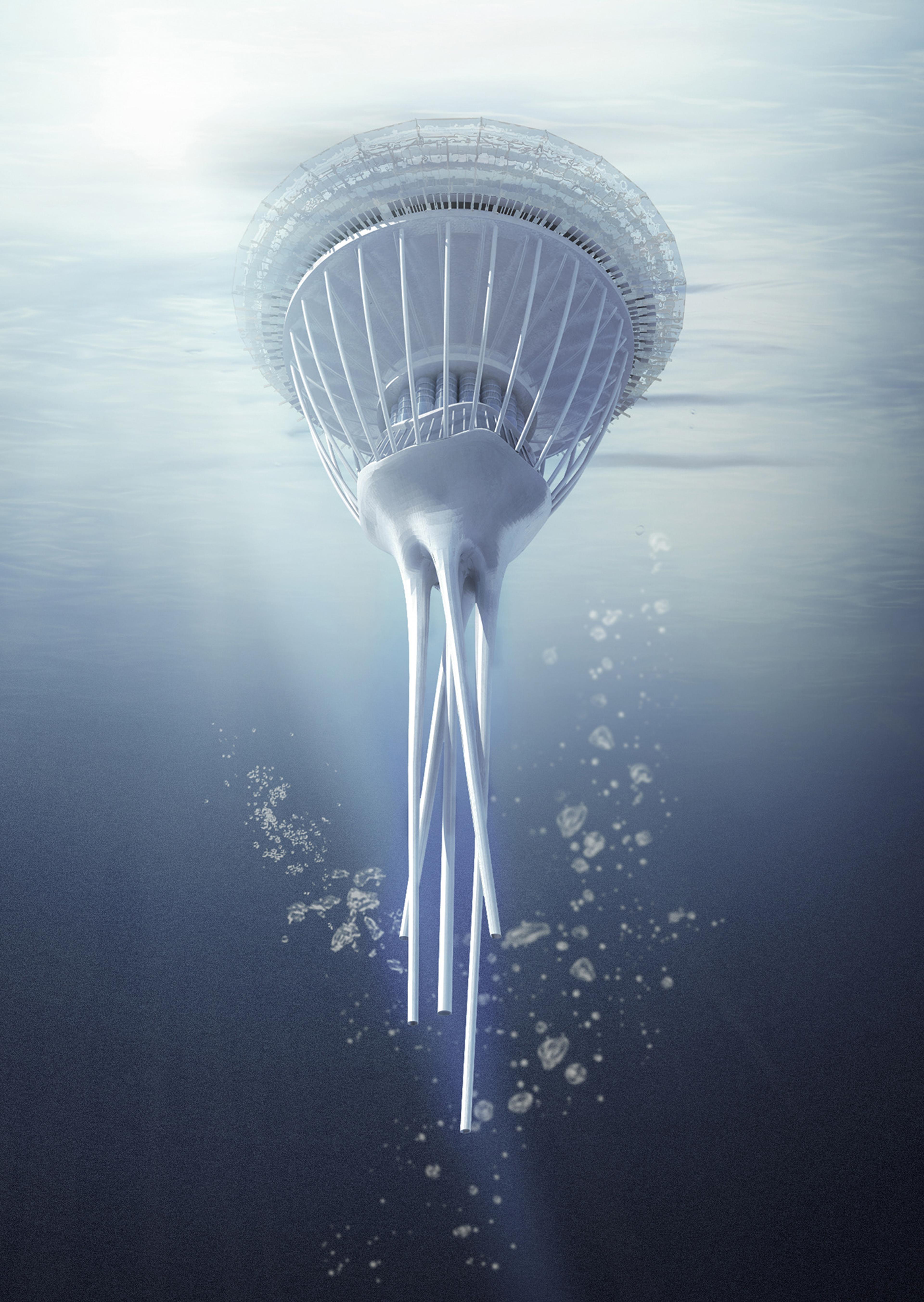 Underwater view looking up at the structural core and residential ring of a floating sea settlement module.