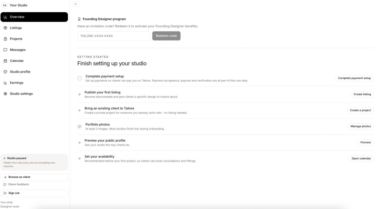 First Studio dashboard with the setup checklist