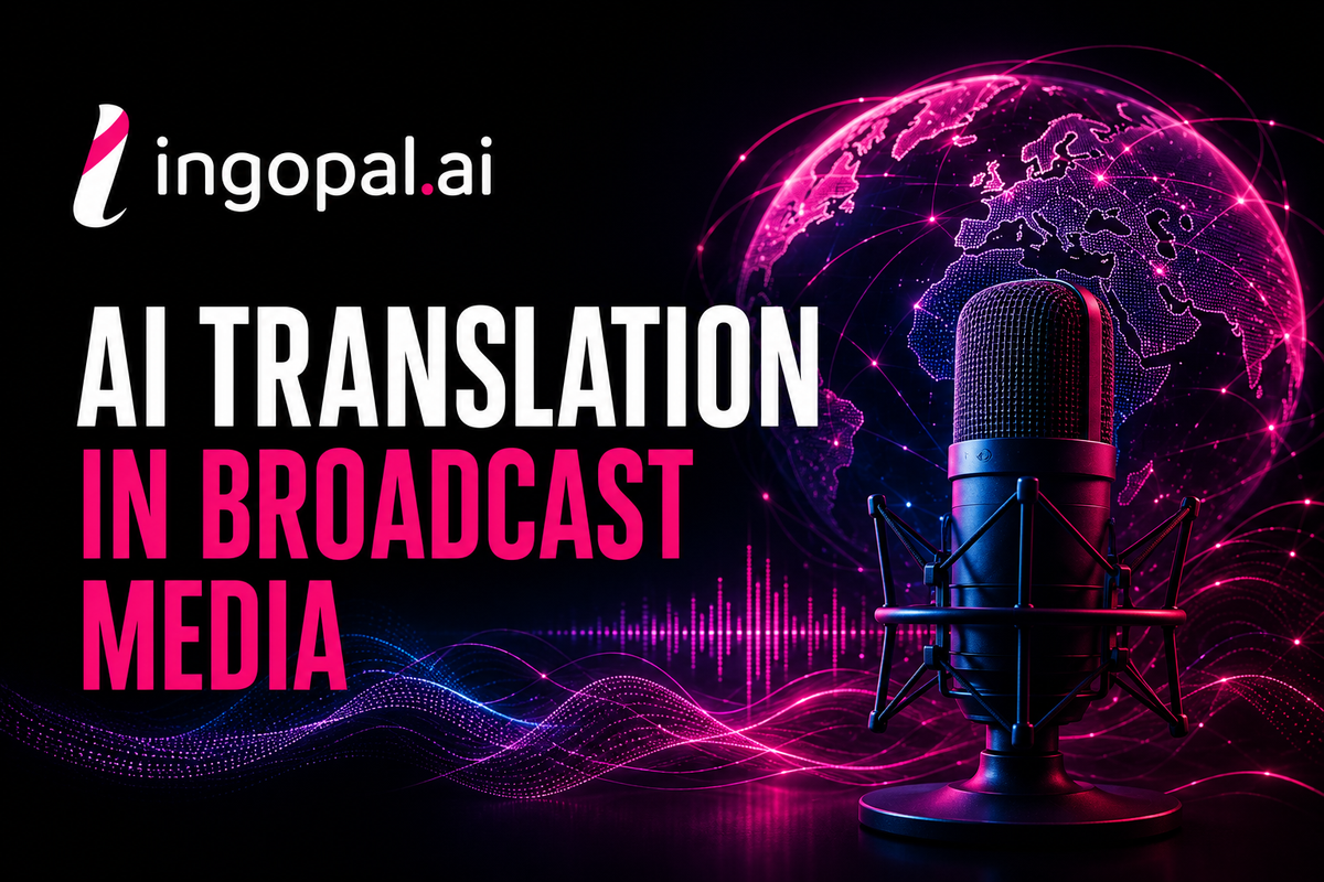 Lingopal banner illustrating AI translation for broadcast media with a studio microphone, global network visualization, and the title "AI Translation in Broadcast Media."