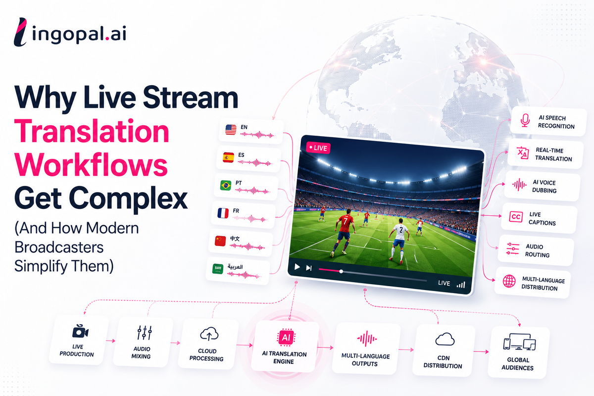 Learn why live stream translation workflows become complex and how broadcasters simplify multilingual streaming with AI, real-time translation, broadcast automation, and scalable localization workflows.