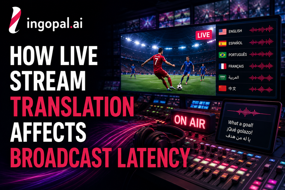 Live stream translation workflow showing broadcast latency across speech recognition, AI translation, multilingual audio, captions, and streaming delivery.