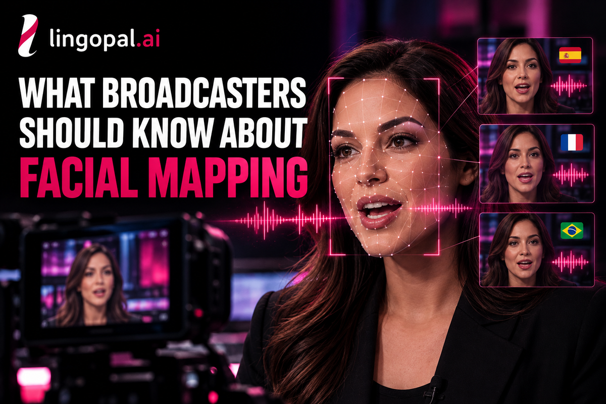 Facial mapping for dubbed video showing AI tracking a broadcast presenter’s face to synchronize lip movement with multilingual dubbed audio.