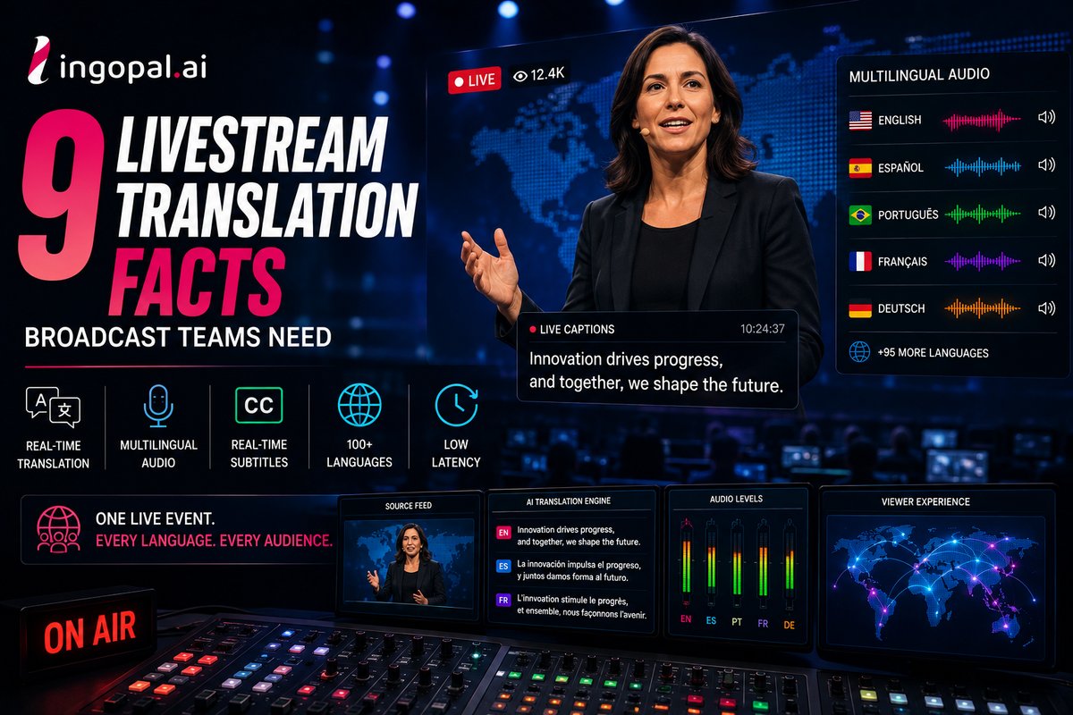 AI livestream video translation workflow generating real-time multilingual subtitles and translated audio for a professional live broadcast.