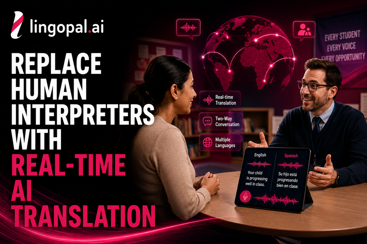 Parent and teacher using real-time AI translation for a multilingual parent-teacher conference with two-way translated speech and captions.