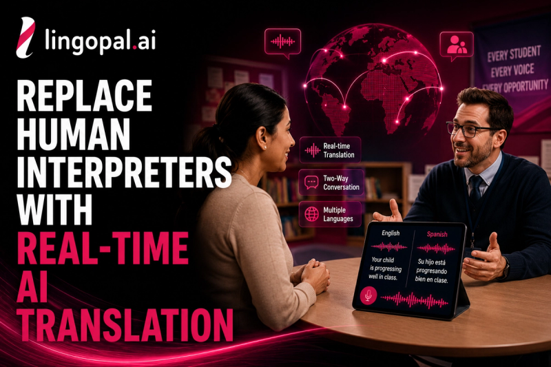 Parent and teacher using real-time AI translation for a multilingual parent-teacher conference with two-way translated speech and captions.