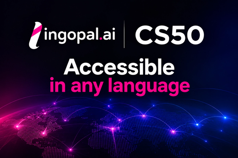 Lingopal.ai and CS50 collaboration for AI-powered multilingual computer science education, with the words “Accessible in any language.”