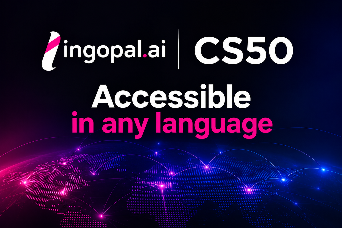 Lingopal.ai and CS50 collaboration for AI-powered multilingual computer science education, with the words “Accessible in any language.”