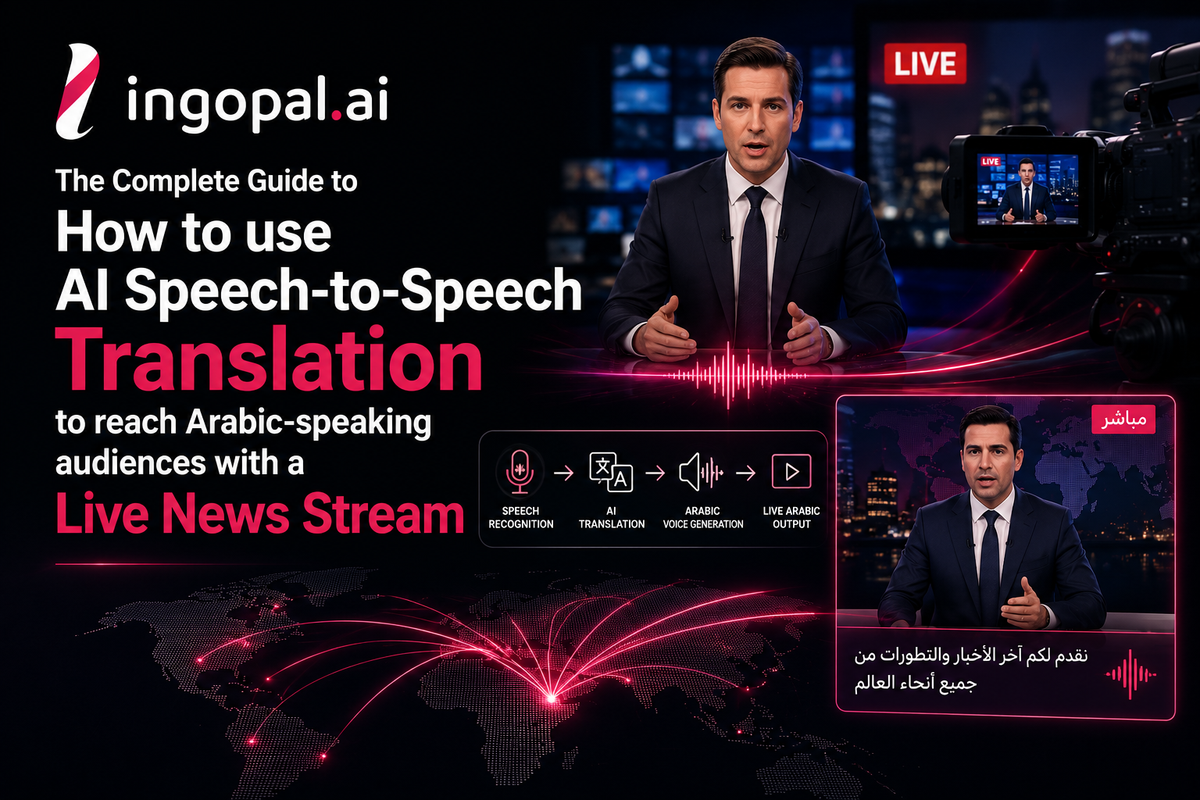 AI speech-to-speech translation converting a live English news broadcast into Arabic audio and real-time captions for Arabic-speaking audiences.