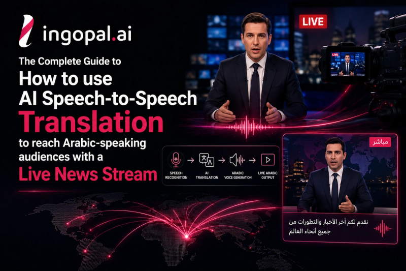 AI speech-to-speech translation converting a live English news broadcast into Arabic audio and real-time captions for Arabic-speaking audiences.