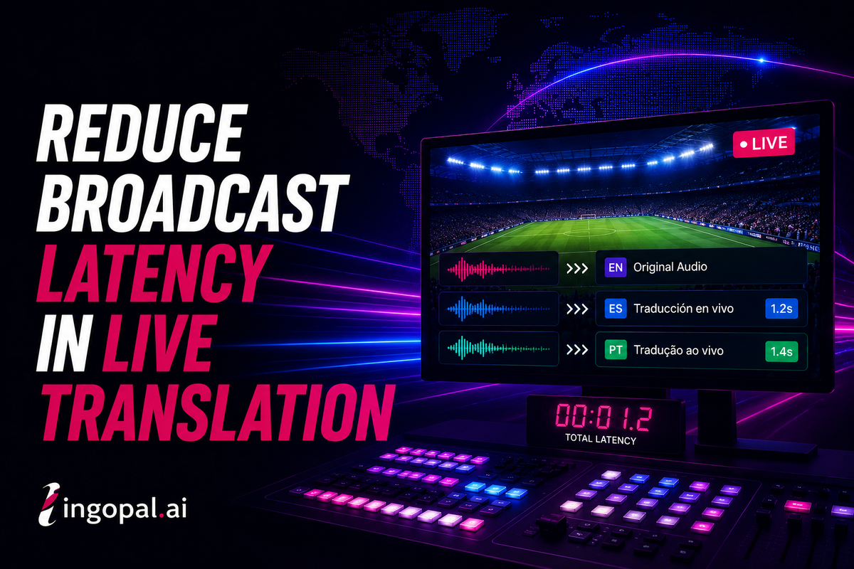 Broadcast control room monitoring low-latency live stream translation with AI-powered multilingual captions, voice translation, and real-time broadcast workflows.
