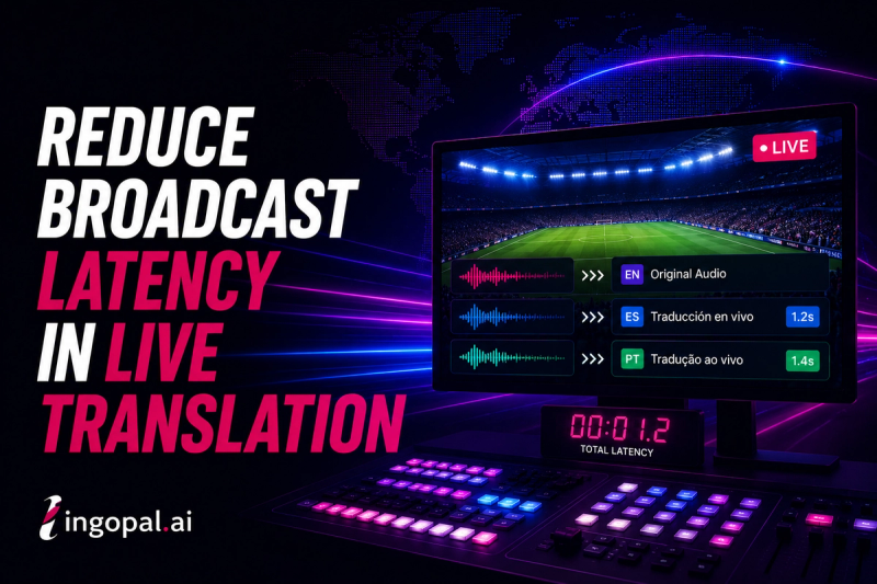 Broadcast control room monitoring low-latency live stream translation with AI-powered multilingual captions, voice translation, and real-time broadcast workflows.