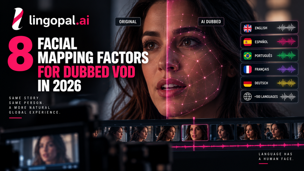 Facial mapping for dubbed videos showing an original speaker and AI-dubbed version with facial tracking, lip synchronization, and multilingual VOD localization.