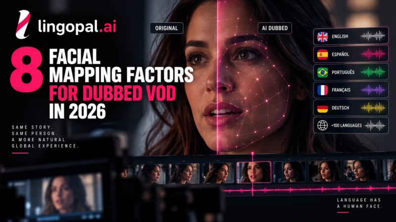 Facial mapping for dubbed videos showing an original speaker and AI-dubbed version with facial tracking, lip synchronization, and multilingual VOD localization.