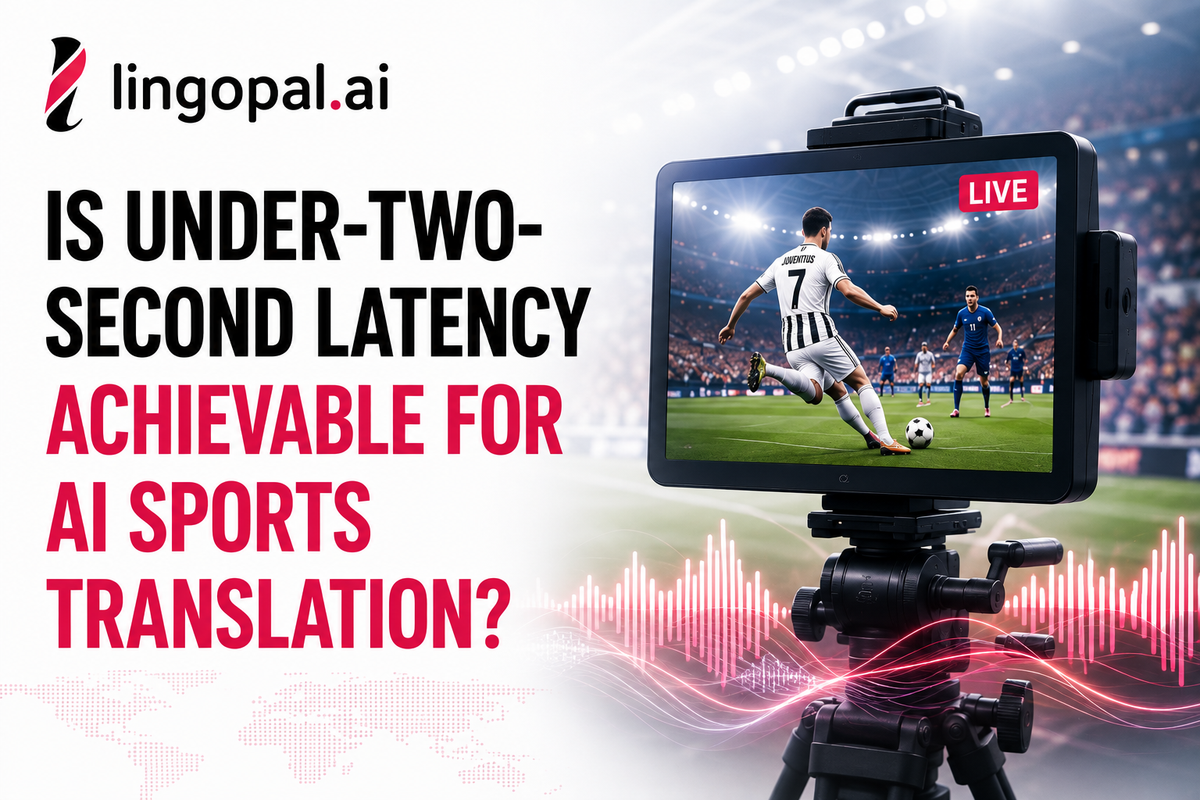 AI sports translation workflow showing live multilingual commentary, voice-cloned dubbing, and broadcast latency during a professional live sports broadcast.