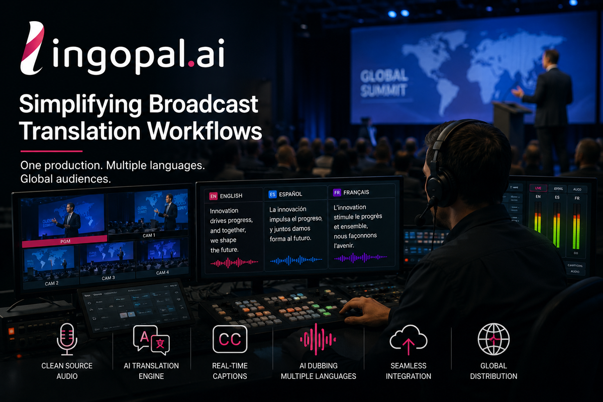 Simplified live stream translation workflow showing one broadcast source generating multilingual audio and real-time captions for global streaming audiences.