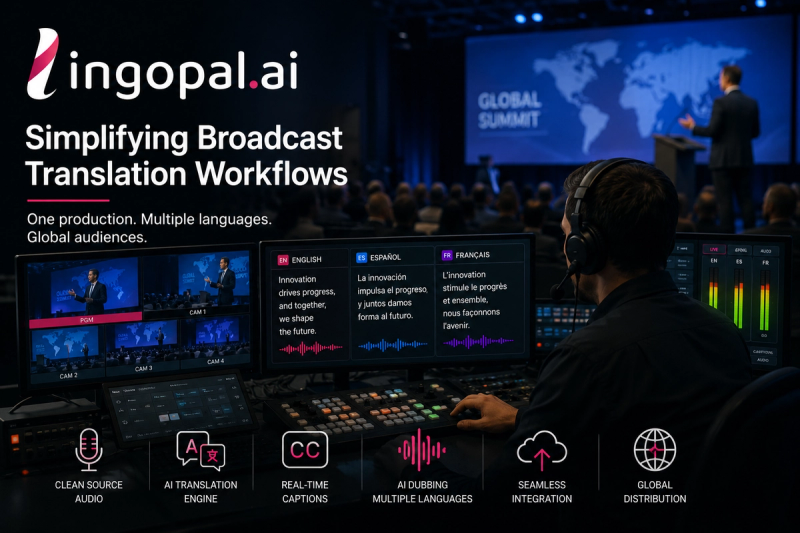 Simplified live stream translation workflow showing one broadcast source generating multilingual audio and real-time captions for global streaming audiences.