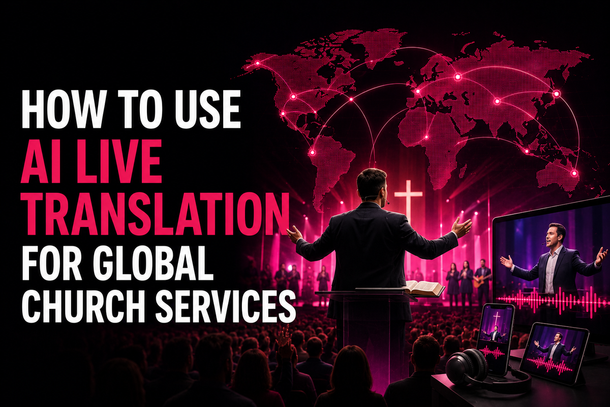 Global church service using AI live translation to deliver multilingual sermons, real-time captions, and dubbed audio to congregations worldwide.