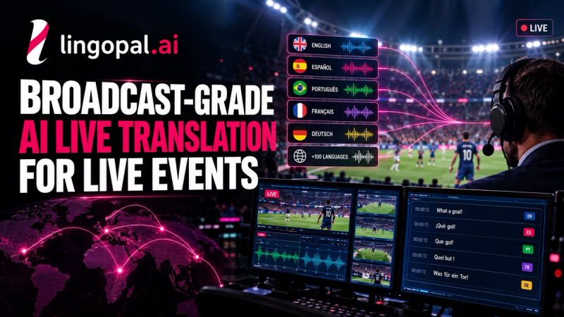 Broadcast-grade AI live translation converting a live event into multilingual commentary and captions with speaker diarization and real-time audio localization.