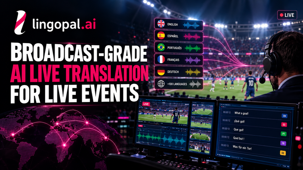 Broadcast-grade AI live translation converting a live event into multilingual commentary and captions with speaker diarization and real-time audio localization.