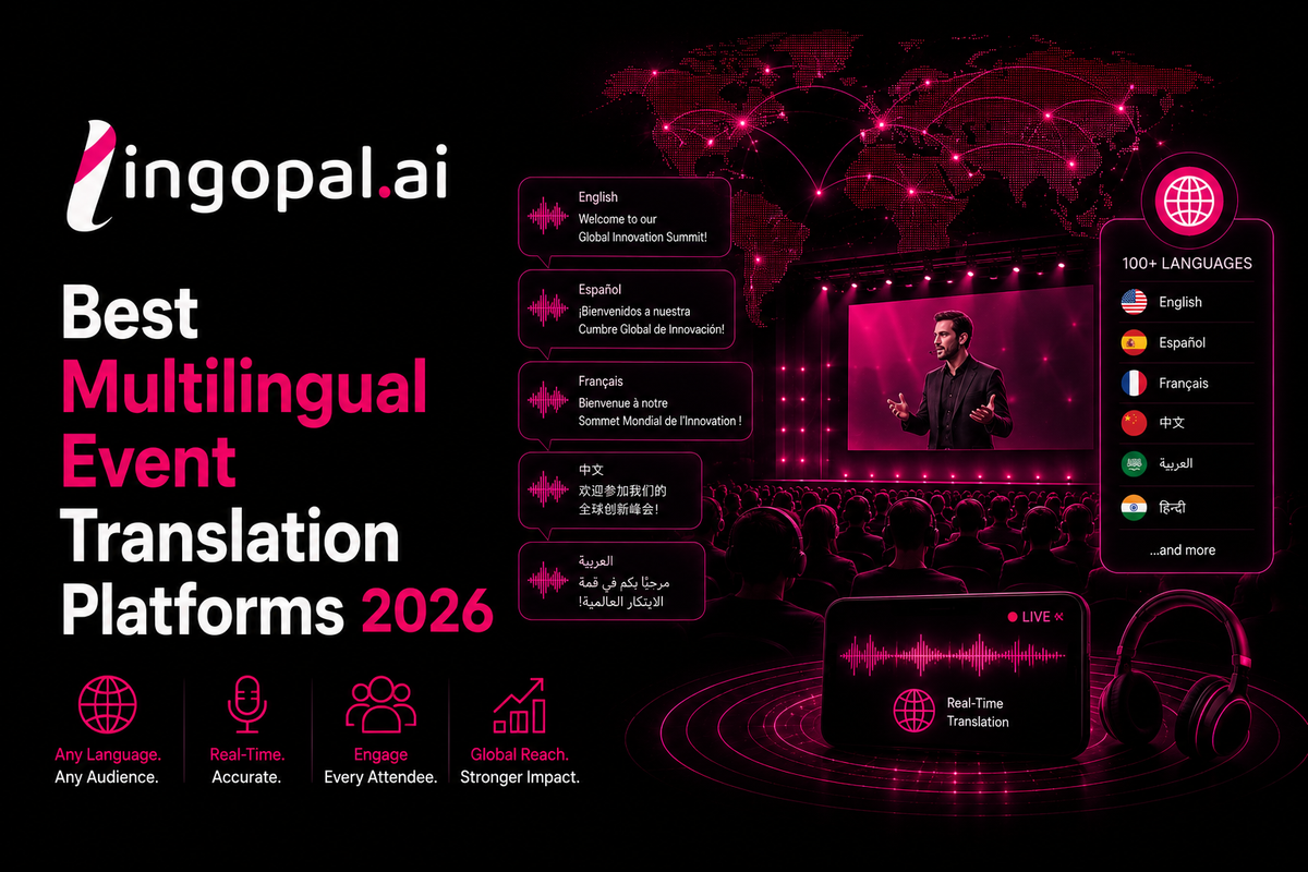 Illustration of an AI-powered multilingual conference workflow showing live event translation, real-time captions, voice cloning, and global audience participation across multiple languages.