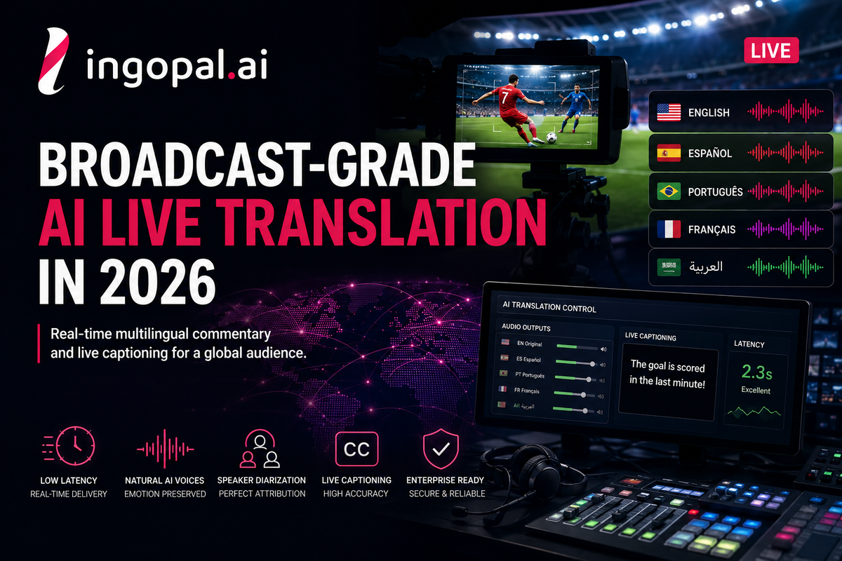 Broadcast-grade AI live translation delivering real-time multilingual commentary, AI dubbing, and live captions for professional sports, news, and entertainment broadcasts.