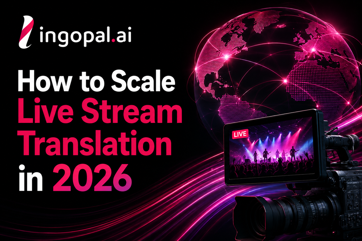Live stream translation workflow scaling one broadcast into multilingual audio and real-time captions for global streaming audiences.