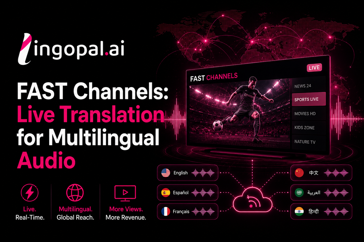 Illustration of an AI-powered FAST channel workflow with multilingual audio tracks, live dubbing, real-time captions, voice cloning, and broadcast integration for global streaming audiences.