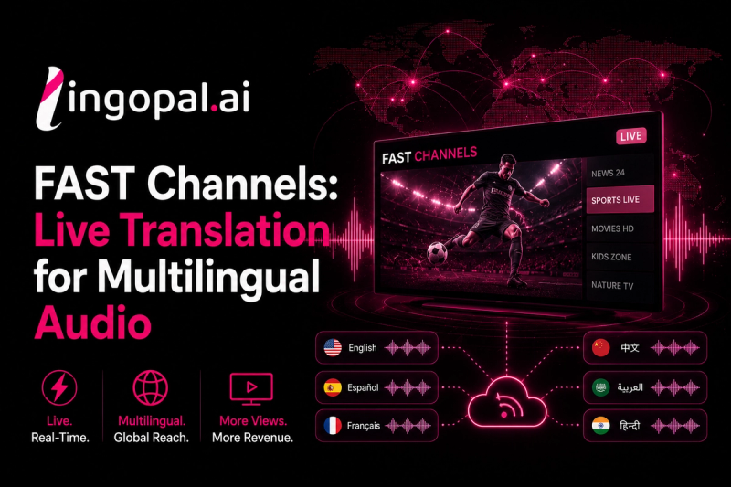 Illustration of an AI-powered FAST channel workflow with multilingual audio tracks, live dubbing, real-time captions, voice cloning, and broadcast integration for global streaming audiences.