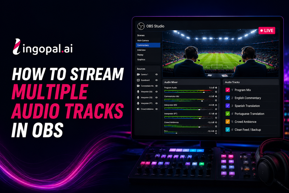 OBS Studio configured with multiple audio tracks for multilingual live streaming, AI translation, and broadcast-ready audio routing across several language feeds.