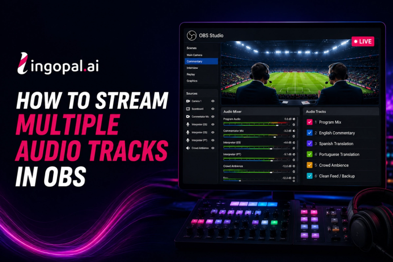 OBS Studio configured with multiple audio tracks for multilingual live streaming, AI translation, and broadcast-ready audio routing across several language feeds.