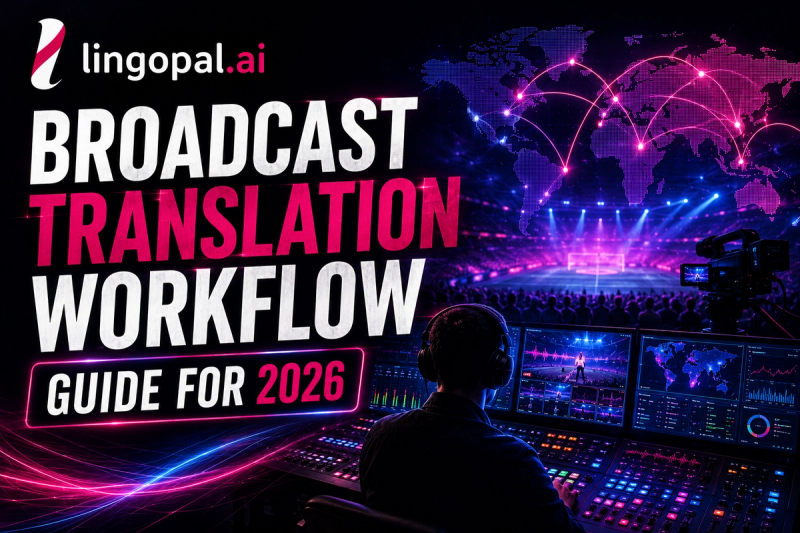 Broadcast translation workflow using Lingopal to turn one live stream into multilingual audio and captions with low-latency AI translation and global delivery.