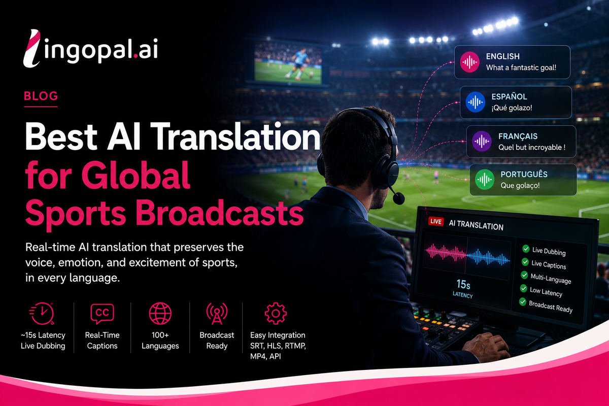 Sports commentator using Lingopal AI Translation to deliver live multilingual commentary and captions for a global sports broadcast while preserving voice, emotion, and low-latency performance.