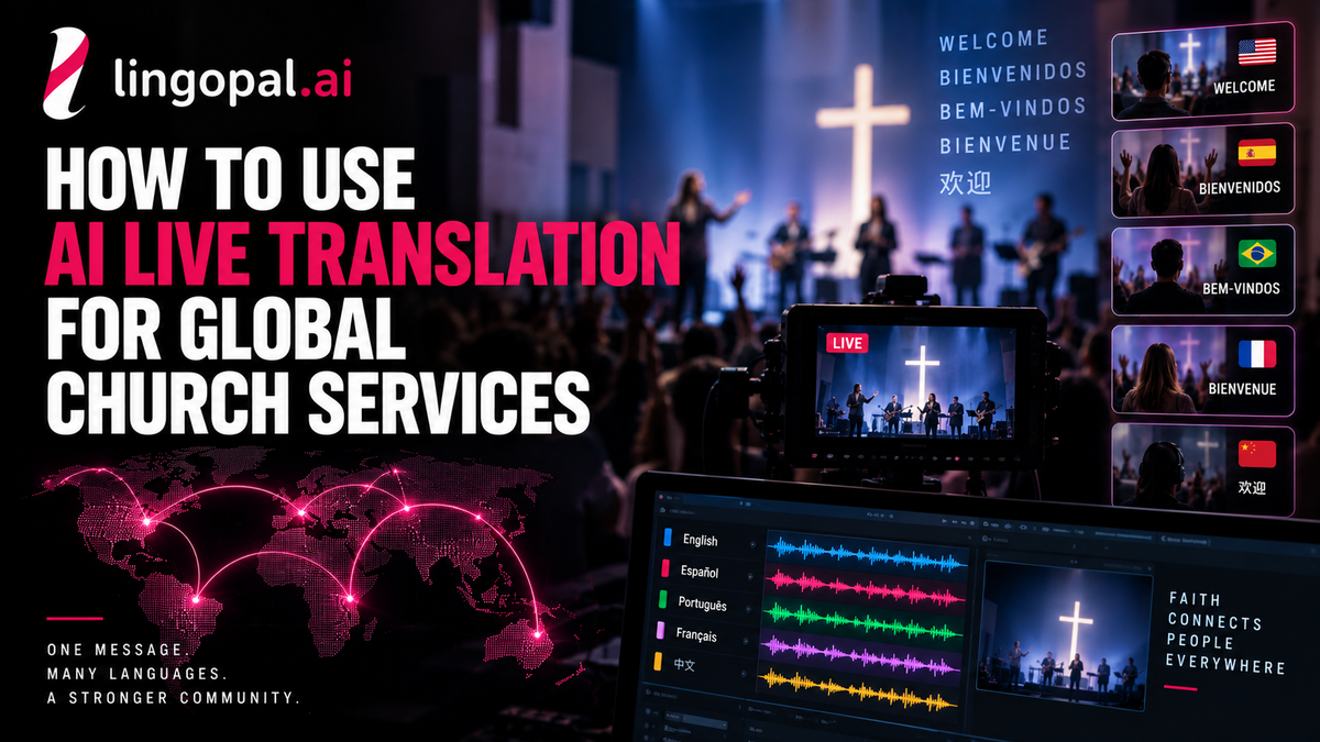 Global church service using AI live translation to deliver multilingual sermons, dubbed audio, and live captions to congregations worldwide.