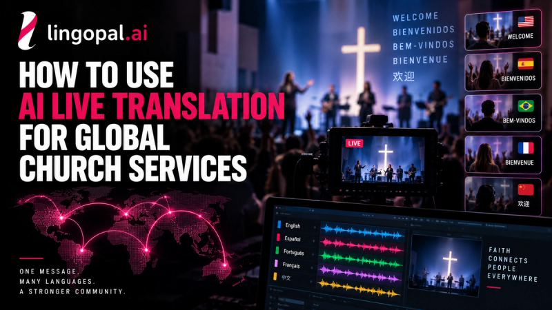 Global church service using AI live translation to deliver multilingual sermons, dubbed audio, and live captions to congregations worldwide.
